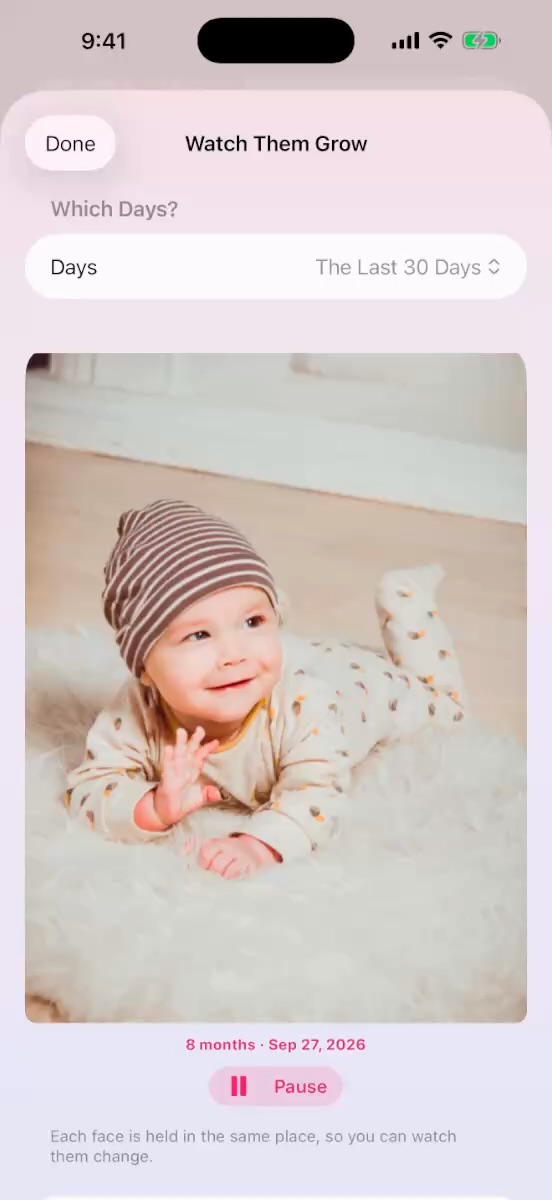 Watch Them Grow: the last 30 days of daily photos as a flipbook, with the age and date under the photo