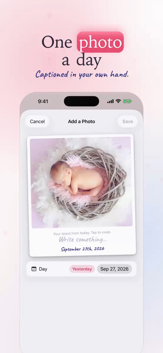 A frame from the app preview: a sleeping newborn picked as today's photo, under the words One photo a day