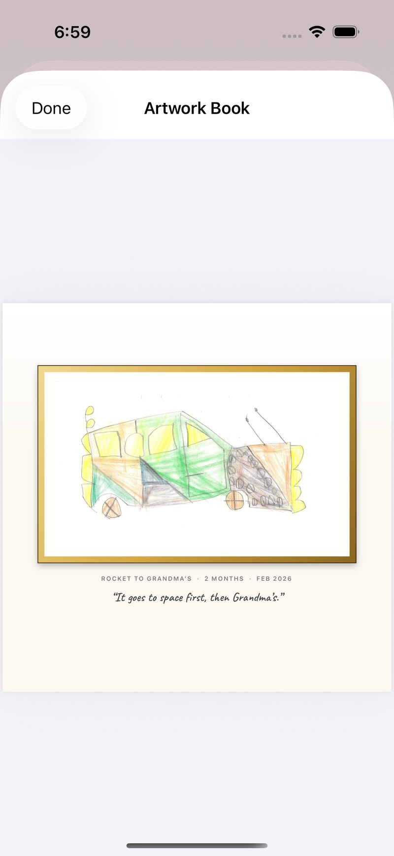 An Artwork Book page: a child's drawing in a gold frame over its plaque and the artist's statement