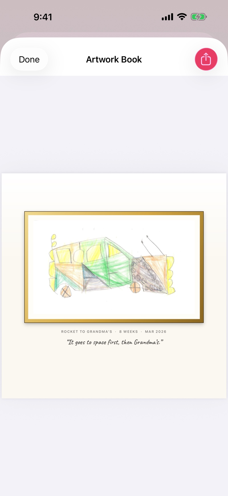 An Artwork Book page: a child's drawing in a gold frame over its plaque and the artist's statement