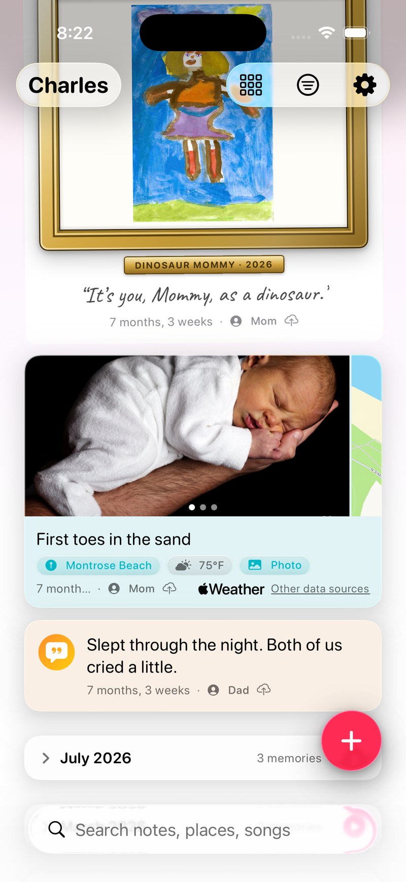 A framed drawing, a tagged place with its map, and a note together in the Small Hours feed