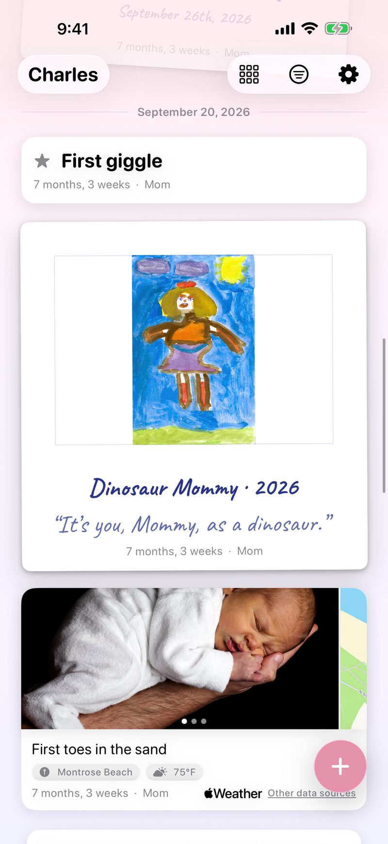 A milestone, a child's drawing in its frame and a tagged beach with its map, together in the feed