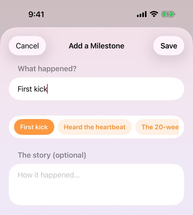 Adding a milestone before the birth, with First kick, Heard the heartbeat and The 20-week scan offered