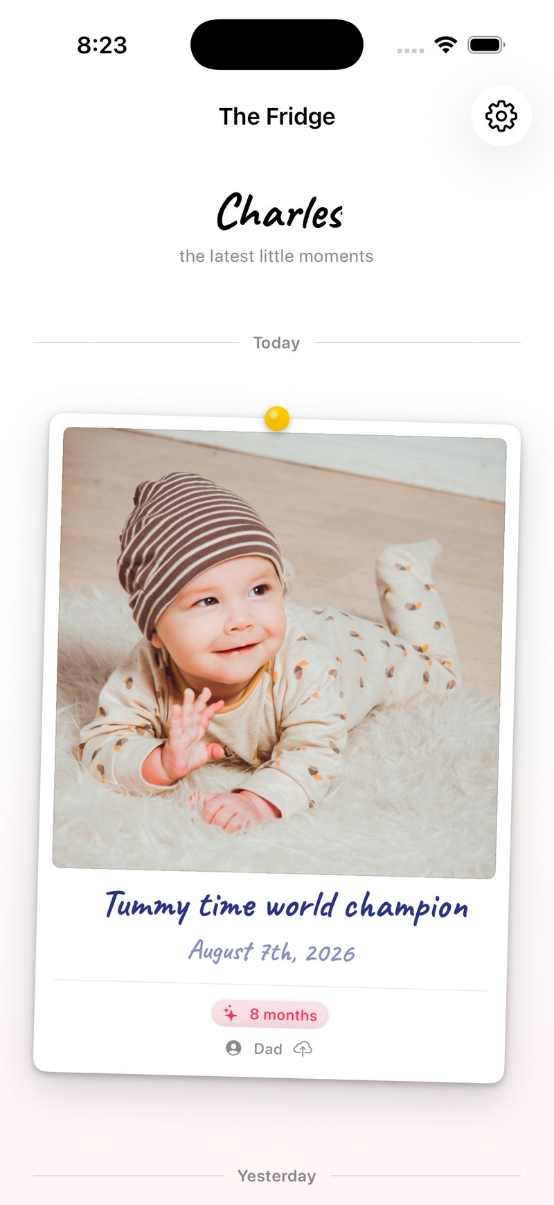 The Fridge: a curated feed for grandparents, with photos held up by fridge magnets