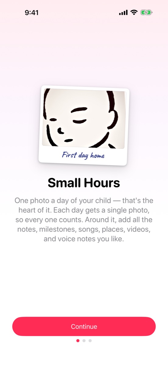 Onboarding, a polaroid of the icon's sleeping baby developing, captioned “First day home”