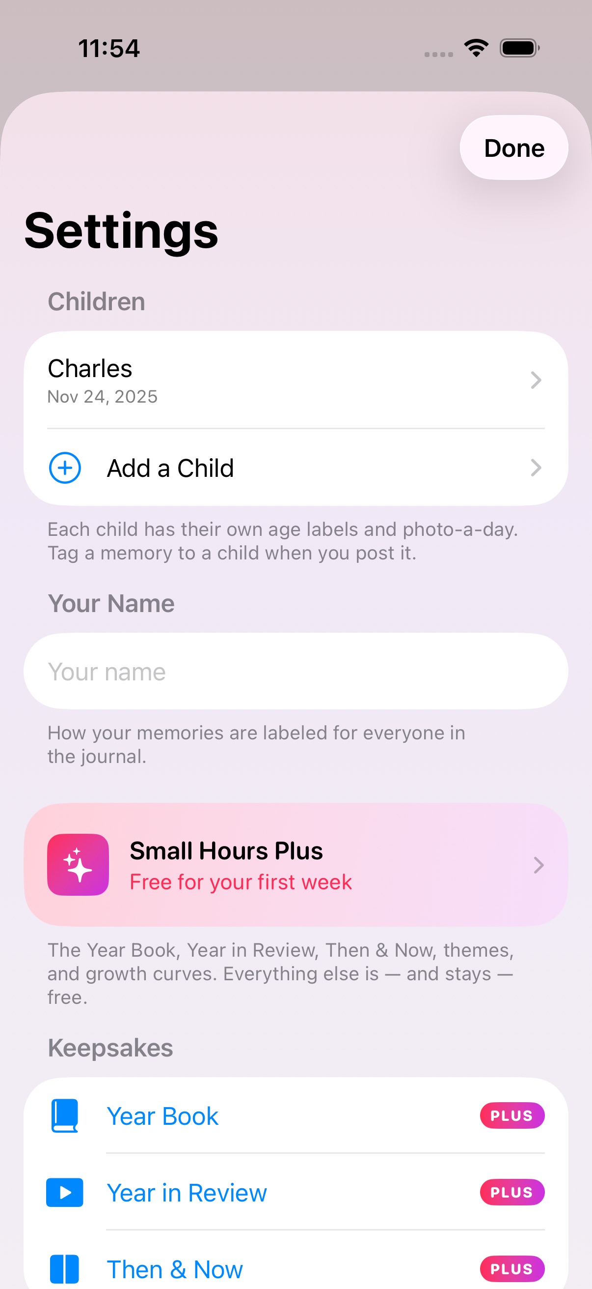 Small Hours Settings, with the Plus row sitting under Your Name: a gradient tile, the name, and “Free for your first week”
