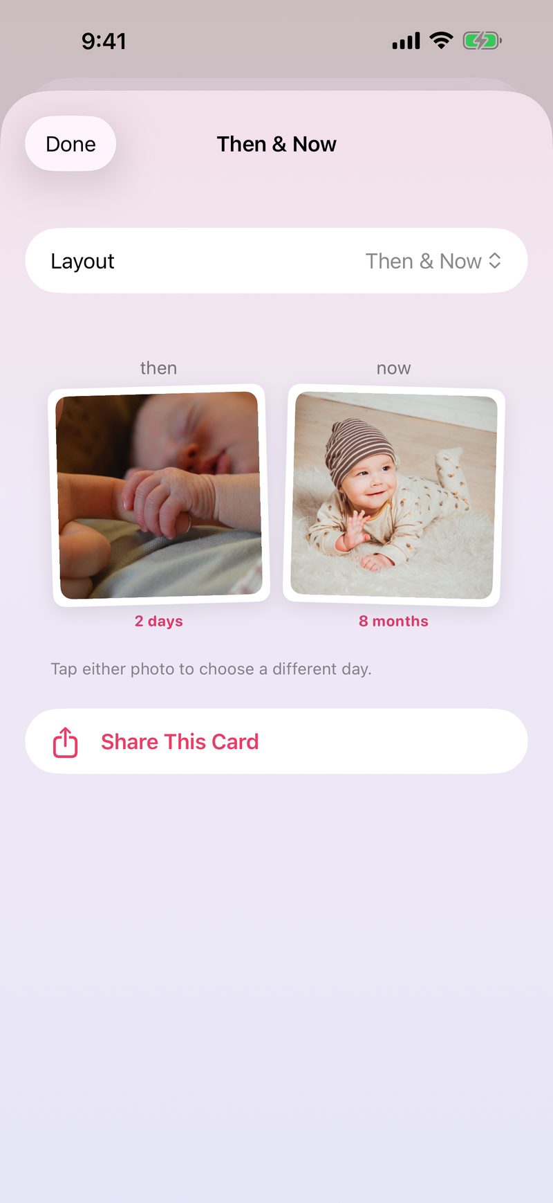 Then & Now: the same child at two days and at eight months, side by side