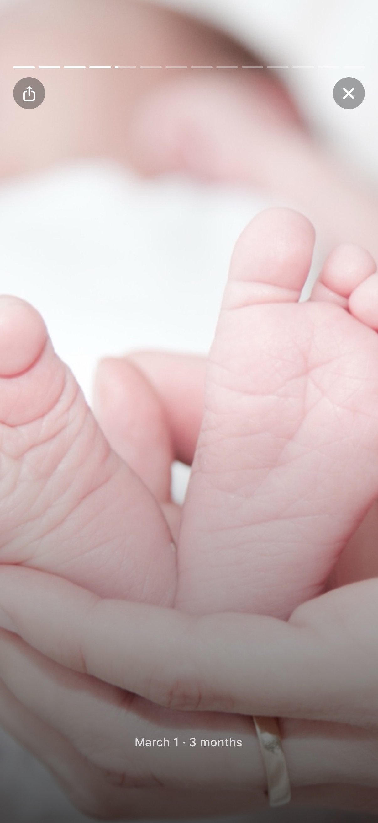 A Year in Review chapter: a newborn's foot held in a parent's hand, captioned March 1, three months